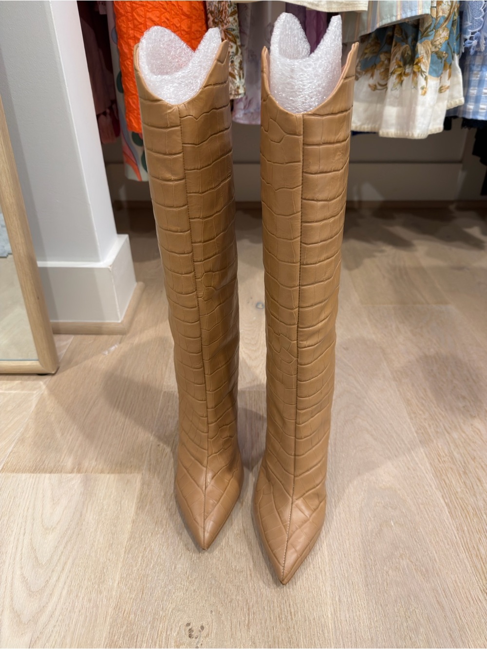 SCHUTZ Croc-Embossed knee high Pointed-Toe Boots in Camel